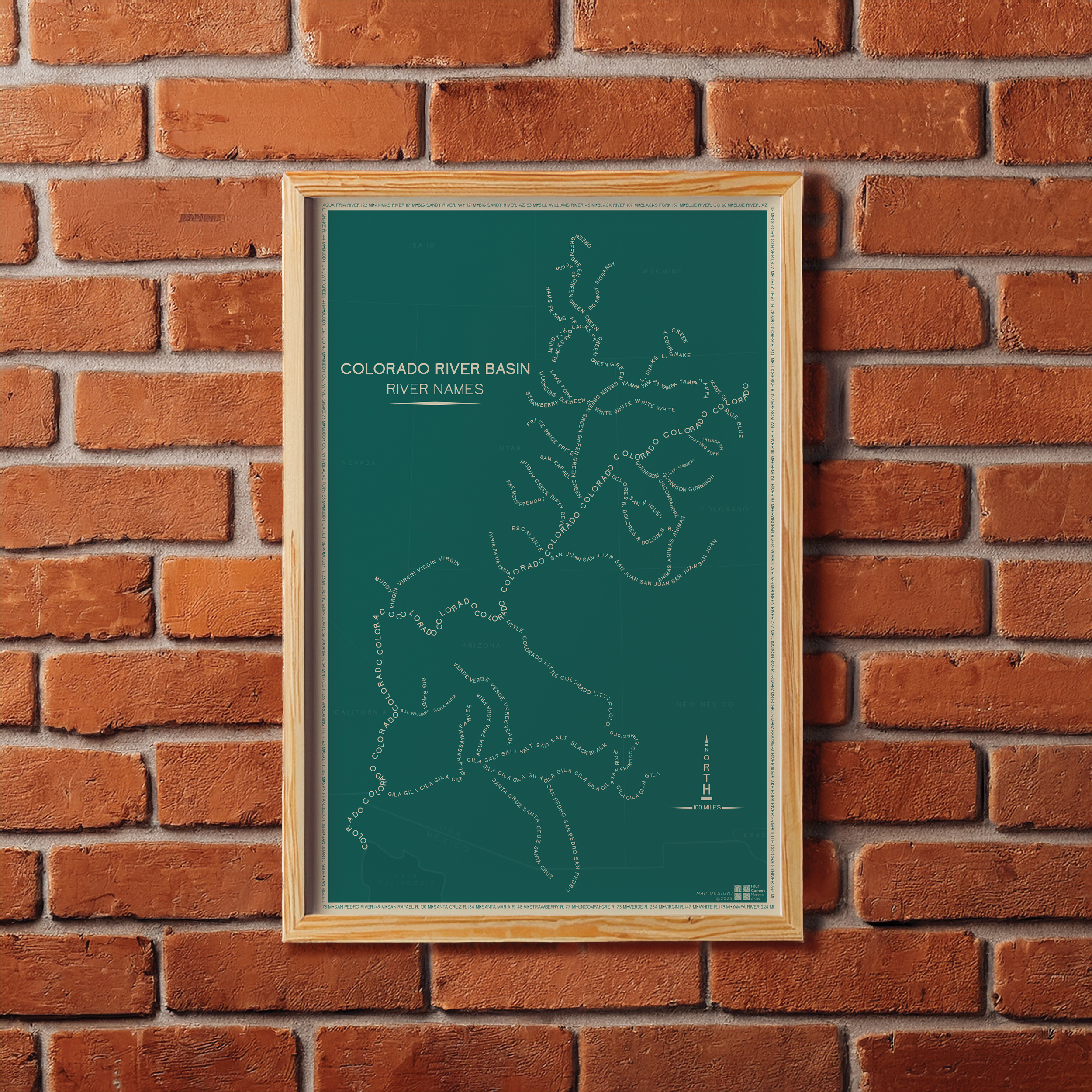 Inspired by the creamy sandstones of the Southwest and the aquamarine of a clear Colorado River, this map is equal parts art and reference tool. Look closer: the neatline is made of river names and their lengths. Perfect for river runners, map lovers