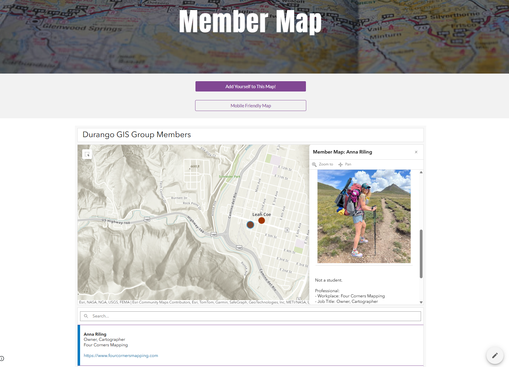 I created this Member Map for the Durango GIS Group's website using Esri ArcGIS Dashboards and a Survey123 form. Because if a bunch of GIS nerds don't have a map to look at, what are we even doing?! The Dashboard has just two elements; a List that is