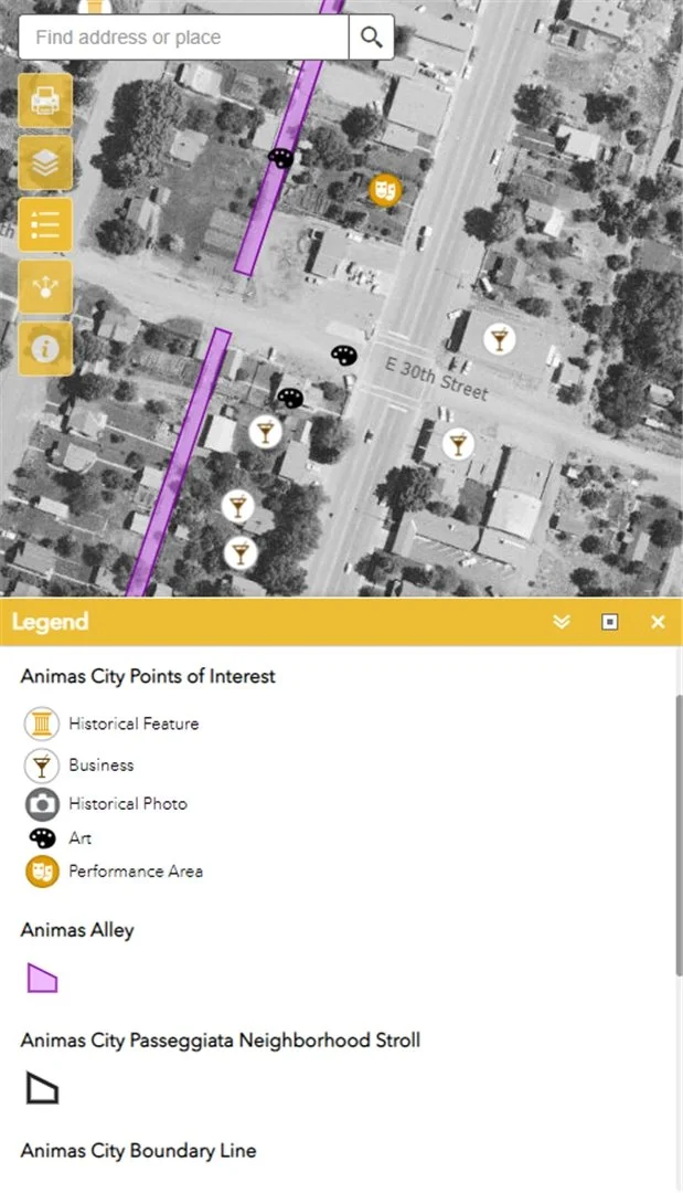 This web map app was created for the Animas City Night Bazaar is a neighborhood-wide, monthly, lively, lit, creative space that welcomes dozens of vendors, artisans and non-profit partners. The app was created to help attendees navigate vendors, art 