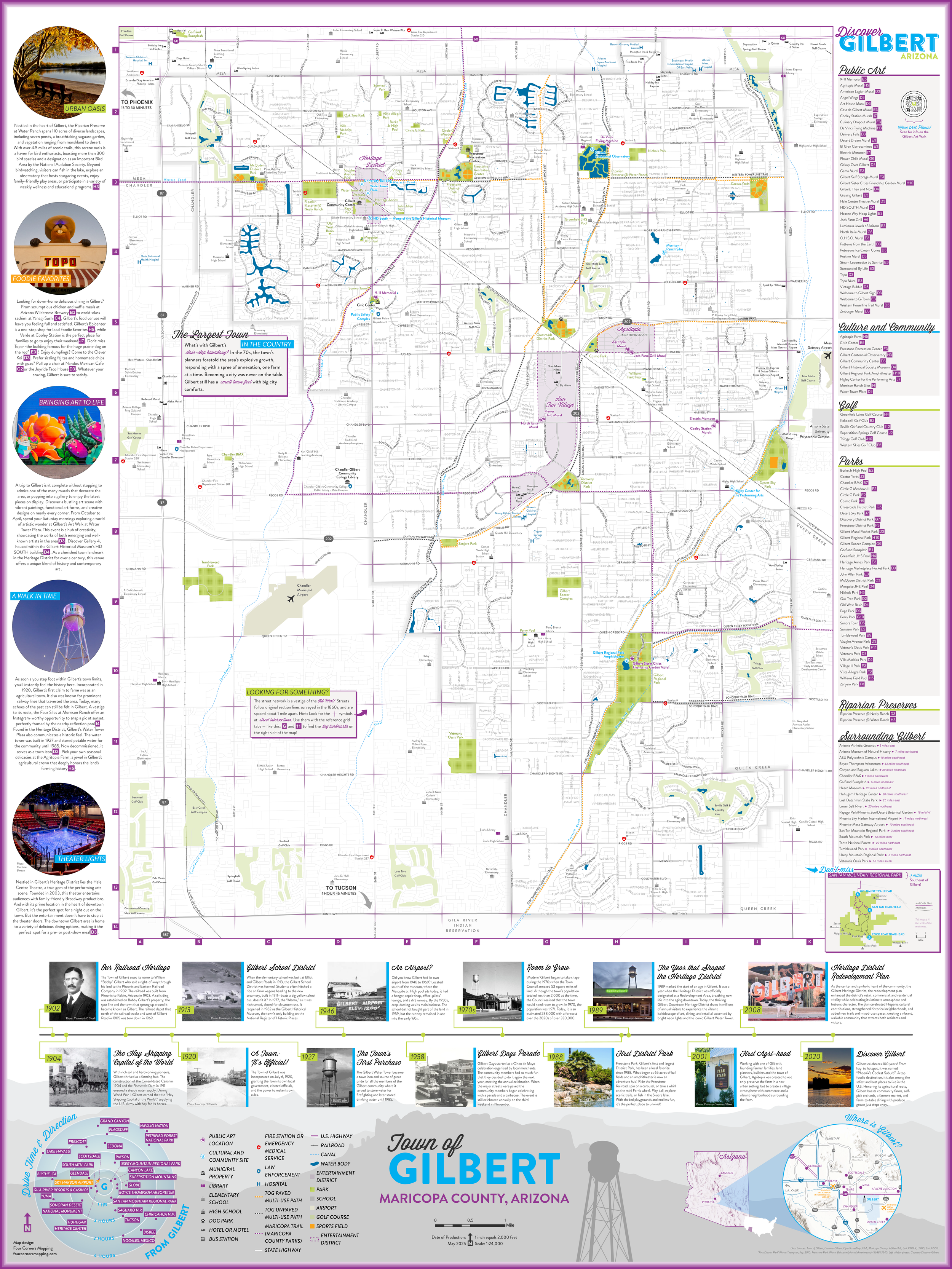 This poster size map was created for Discover Gilbert to highlight the unique features and history of the Town of Gilbert, Arizona. It features bright and inviting photos with callouts describing the Town's riparian preserves, foodie destinations, an