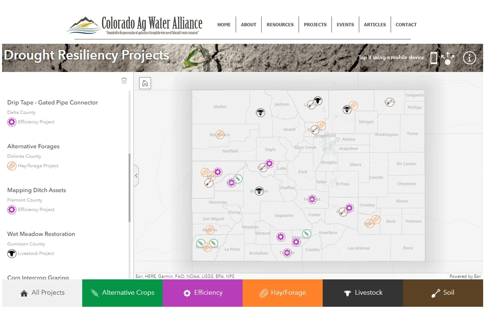 The Drought Resiliency Projects Web App was created for Colorado Ag Water Alliance in partnership with American Rivers to highlight innovative projects in Colorado that employ practices and strategies that keep farms and ranches profitable during dro