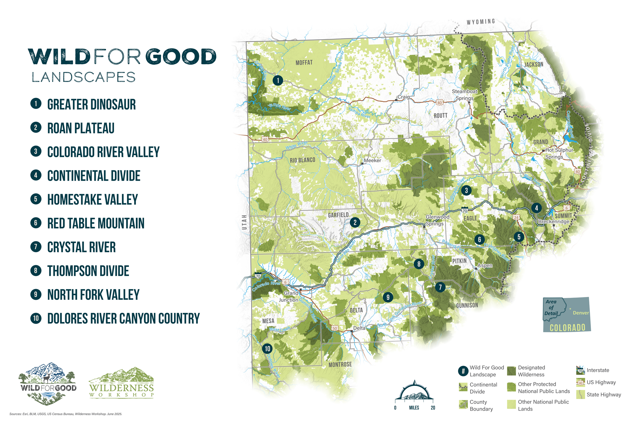 I created a two-page map spread for Wild for Good, a campaign by Wilderness Workshop to highlight ten iconic landscapes they are working to permanently protect. Designed as a centerpiece for a glossy print report, the map serves as an artistic visual