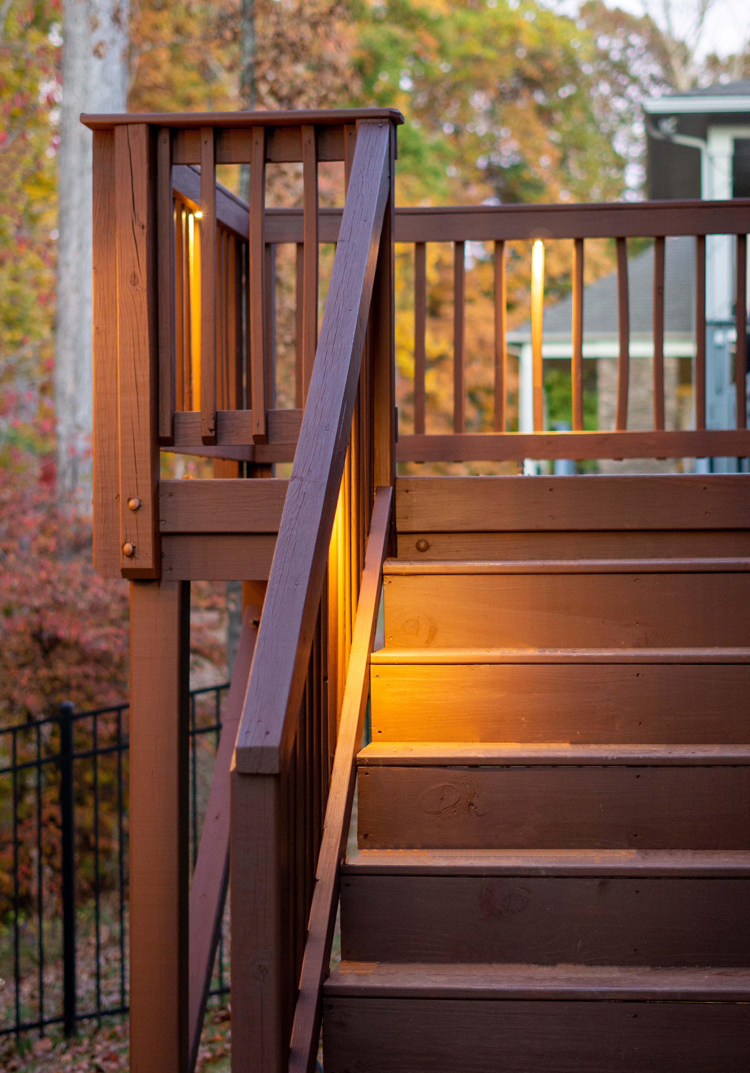  Deck lighting on a brown deck with stairs.  