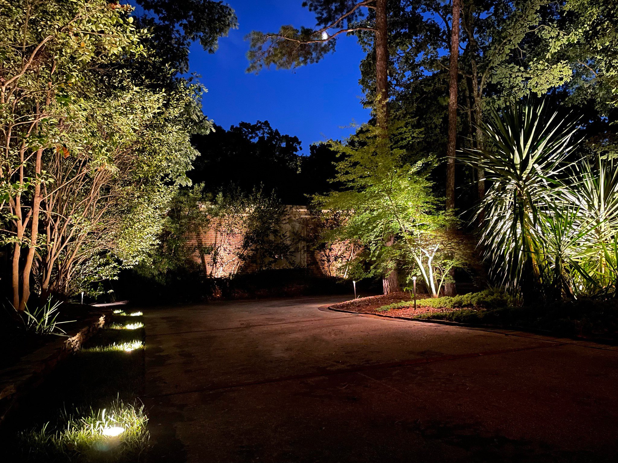  Front driveway of a red brick home is lit with a variety of landscape lights including path lights and accent lights on trees and larger plants. 