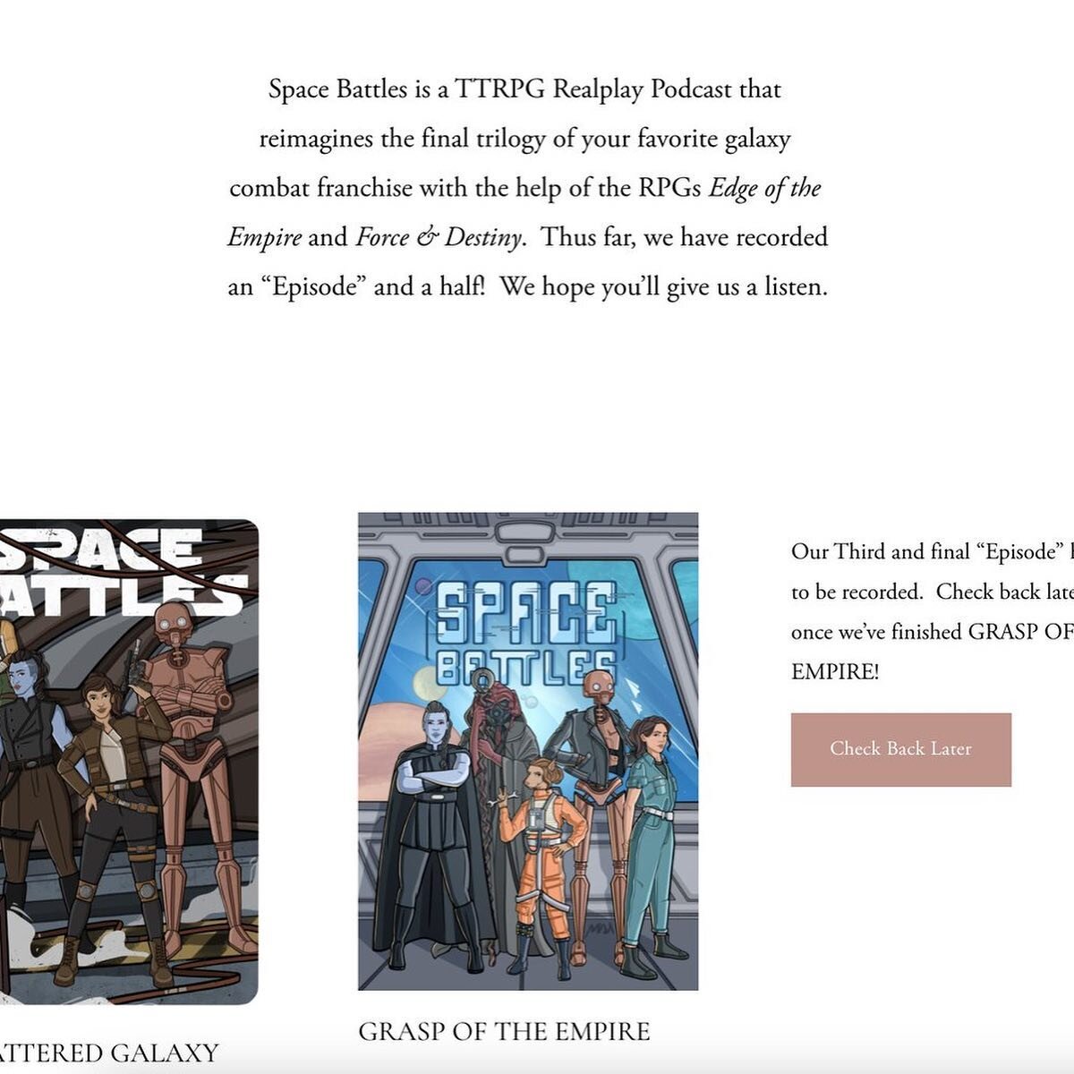 We've updated our website! 

Now on spacebattlespodcast.com, you can find:

🌟 All of our Episodes
🌟 All of our Music
🌟 Art of our show
🌟 Character and Player Bios
🌟 #TTRPG and #Gensys resources!

#starwars #starwarsrp #starwarspodcast #realplay 