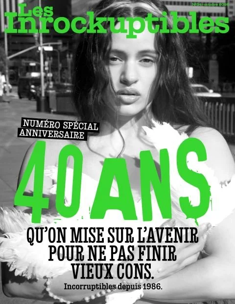 Couverture de magazine Les Incrouptibles avec Rosalia en noir et blanc, textes en vert et noir célébrant leur 40 ans, anniversaire, évoquant l'avenir.