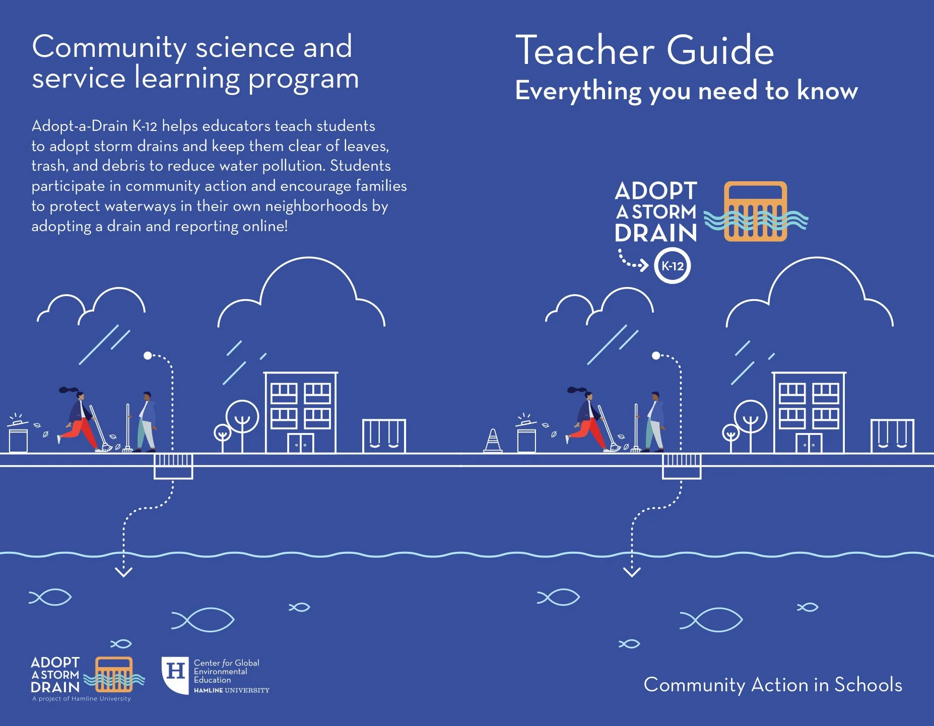 Front of the Teacher Guide bifold showing an illustration of students sweeping up a storm drain near a school that also shows rain clouds and a water that leads from storm drains to waterways