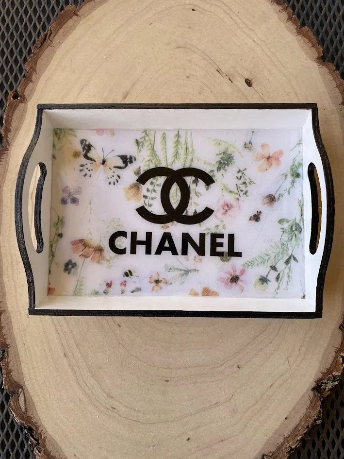 Decoupaged with floral tissue paper, with hand painted in chanel-like style, sealed with uvresin. Acrylic paints.
