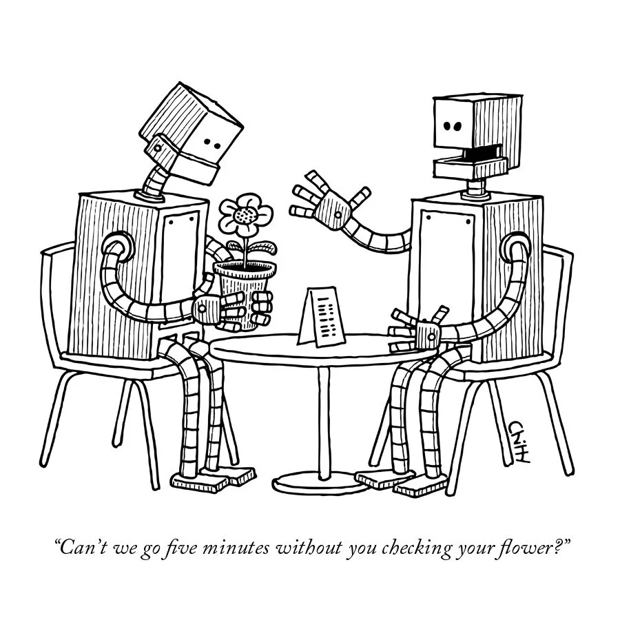 A robot checks its flower