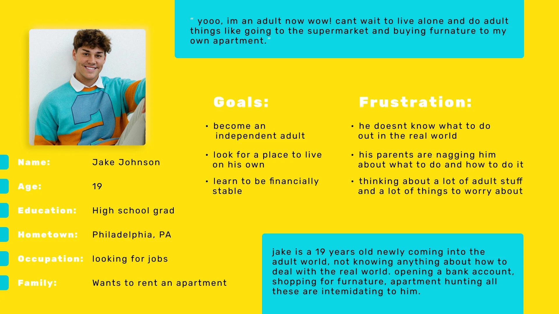 User’s problem statement:Jake is a 19 years old newly adult starting his journey into adulthood alone who needs to open a bank account in order to start his own finances and booking because he is an adult now who wanna live alone and not with his parents.