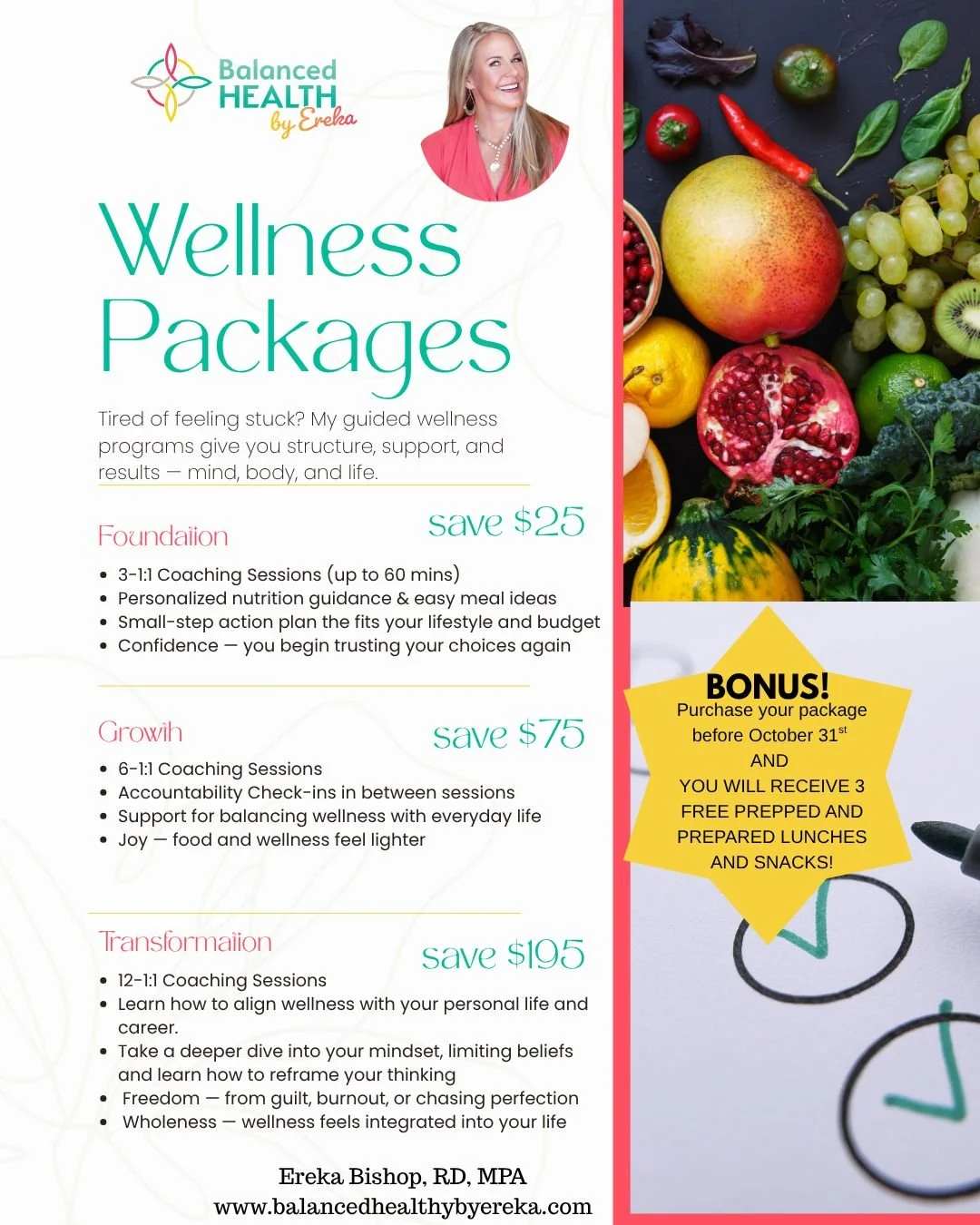 Im still offering FREE lunch and snacks with my packages! Sign up before Friday, Oct 31st! 
Go to my website Www.balancedhealthbyereka.com to book a free consult. Or DM ME. 🫶