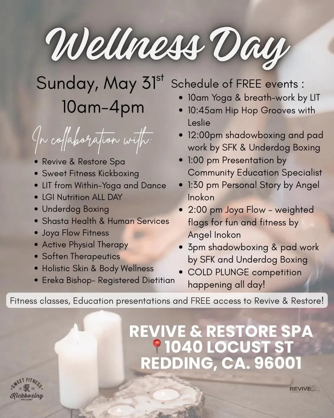 If you are looking for a way to fill your cup and to see what wellness opportunities are out there come join us TOMORROW at @Revive and Restore 1040 Locust St, Redding, CA 96001
@highlight
