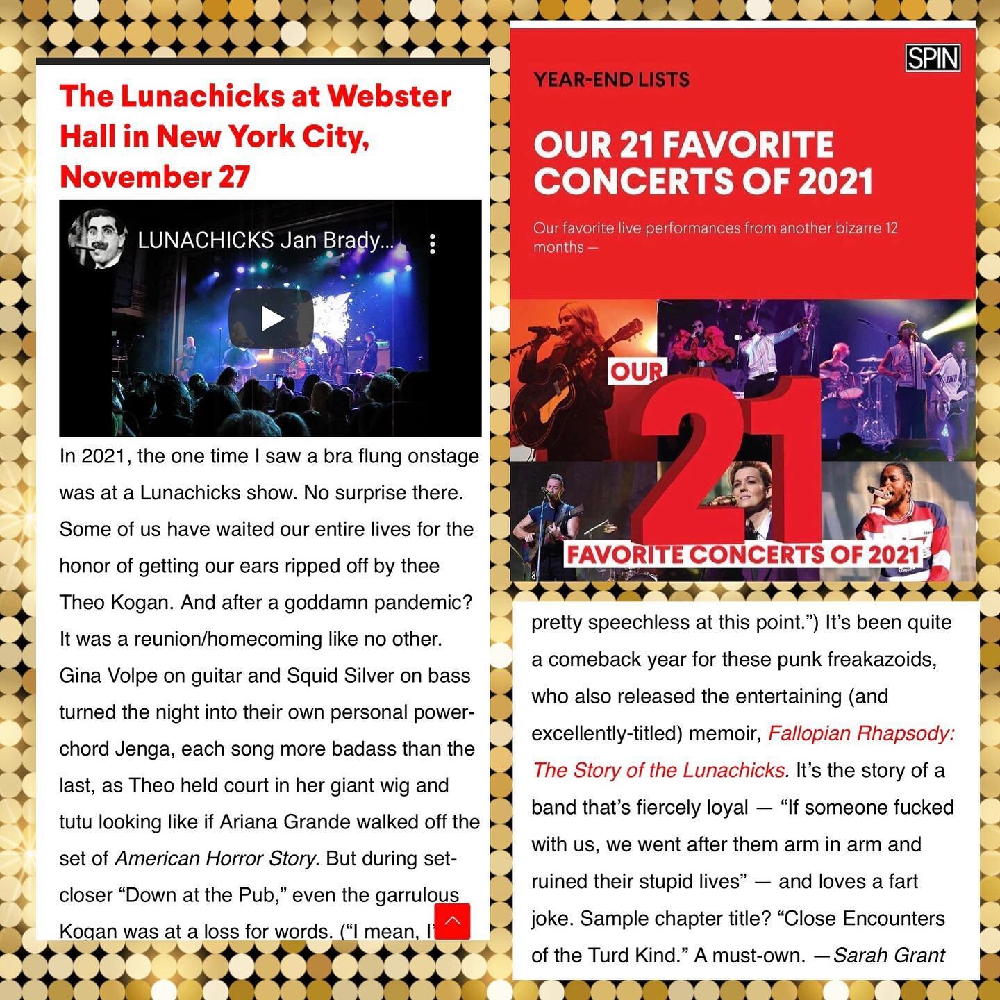 Huge congrats to @lunachicksofficial for making @spinmag top 20 concerts of the year and @rollingstone best music books of 2021 with @jeannefury!!!🎉 Thank you for your monumental influence, activism, and incredible music over the years!!! &hearts;️&