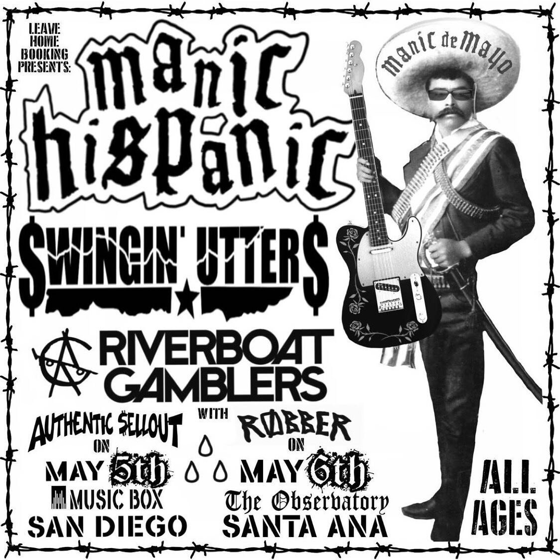 Manic de Mayo tix on sale!! 🎉🎉 
Repost from @grupomanichispanic
&bull;
Who&rsquo;s gonna cruise out to these shows? @leavehomebooking presents: &ldquo;Manic De Mayo&rdquo; with your favorite vatos locos the Manic Hispanics! We are hitting up San Di