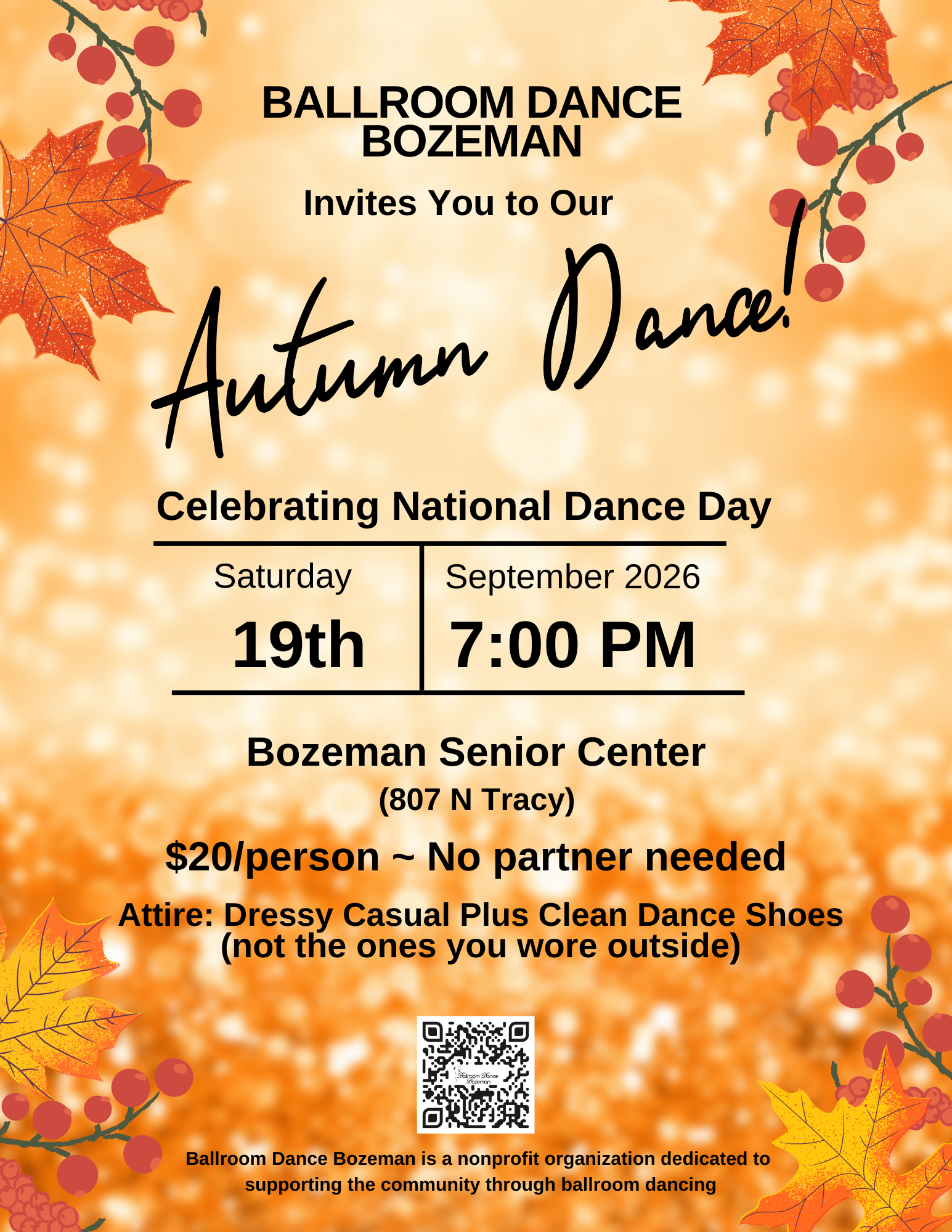 Ballroom Dance Bozeman Autumn Dance September 19, 2026; National Dance Day, gold background, orange and crimson leaves & berries behind text