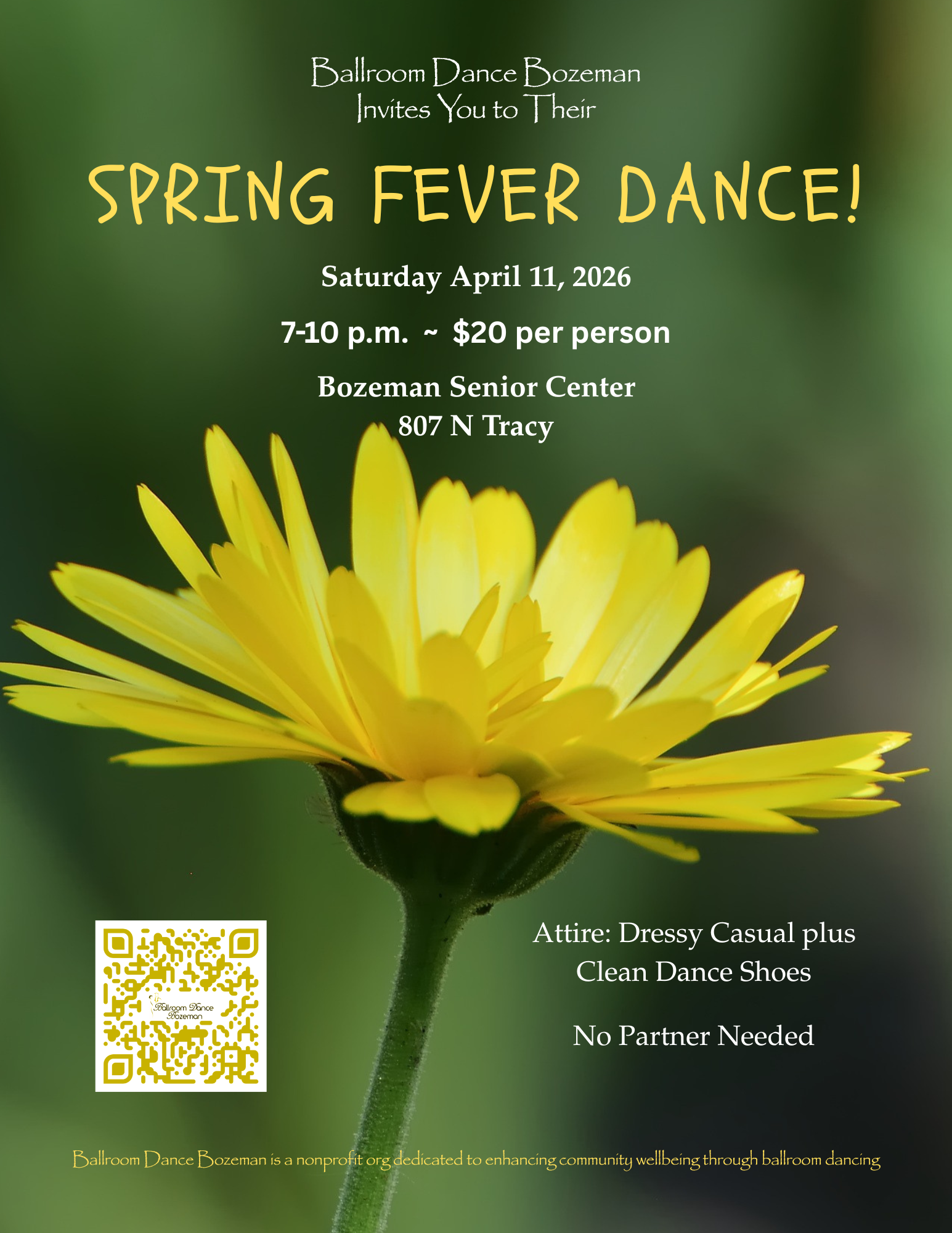 Bright yellow flower on dark green background ballroom dance bozeman's spring fever dance April 11, 2026
