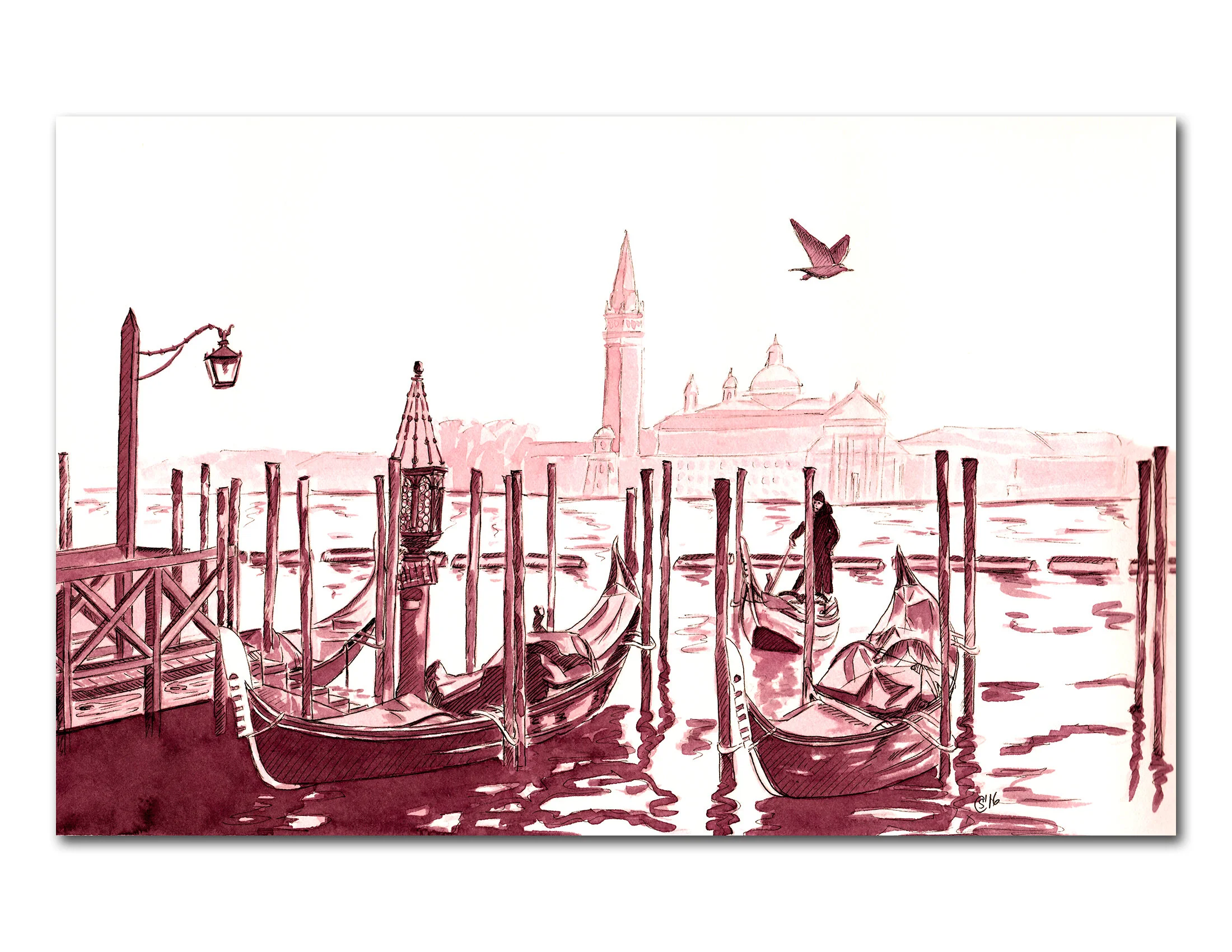 Venice Gondolas Ink Painting