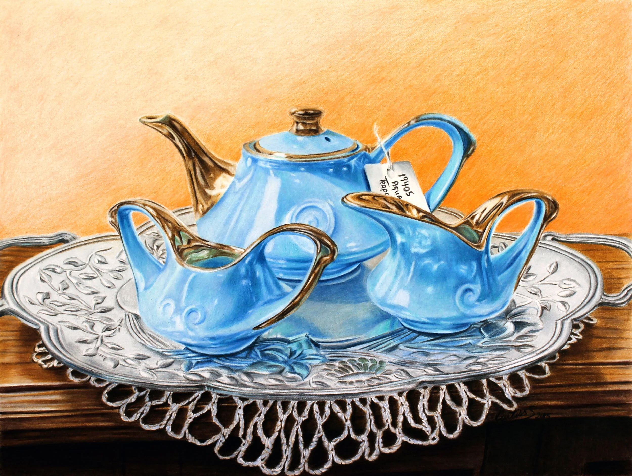 Realistic Blue Tea Set on Tray Colored Pencils Painting