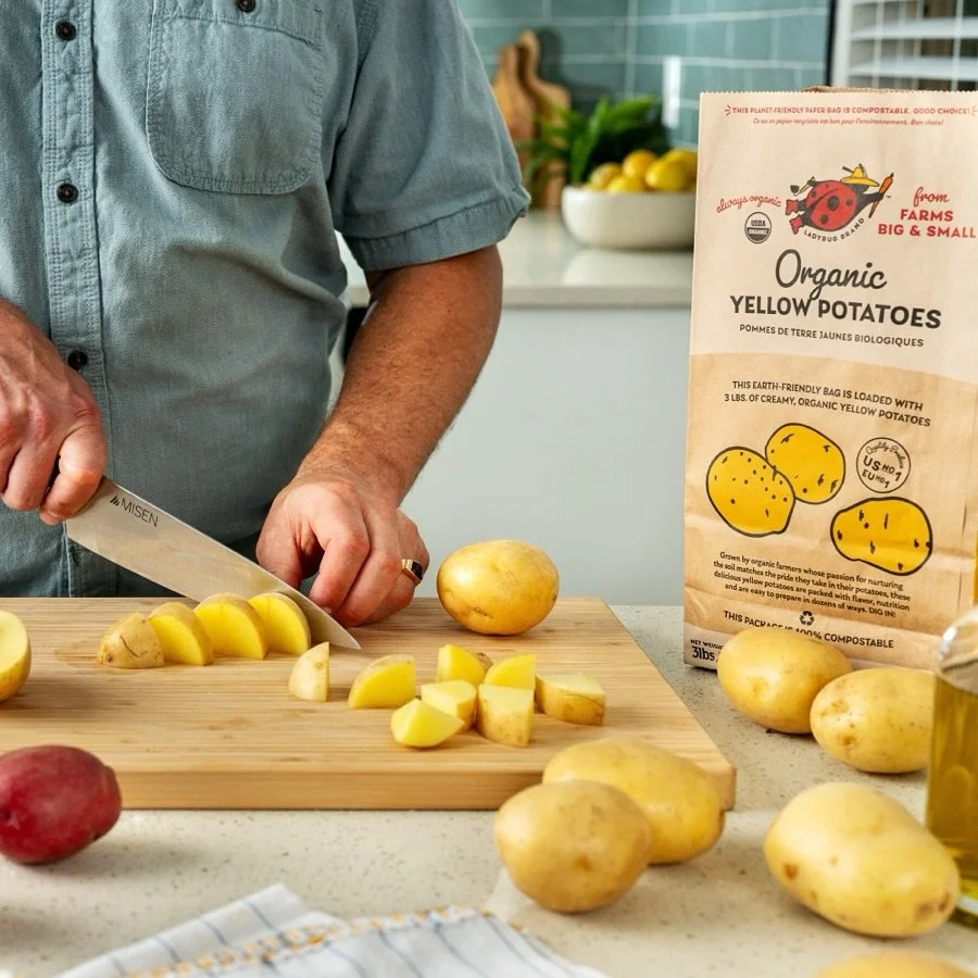Holiday cooking just got easier! Ladybug Brand organic yellow, red, and Russet potatoes come in 3lb 100% compostable paper bags, perfect for mashed, gratin, or fancy hasselback spuds. Grab a bag (or two) and keep your holiday prep simple, sustainable
