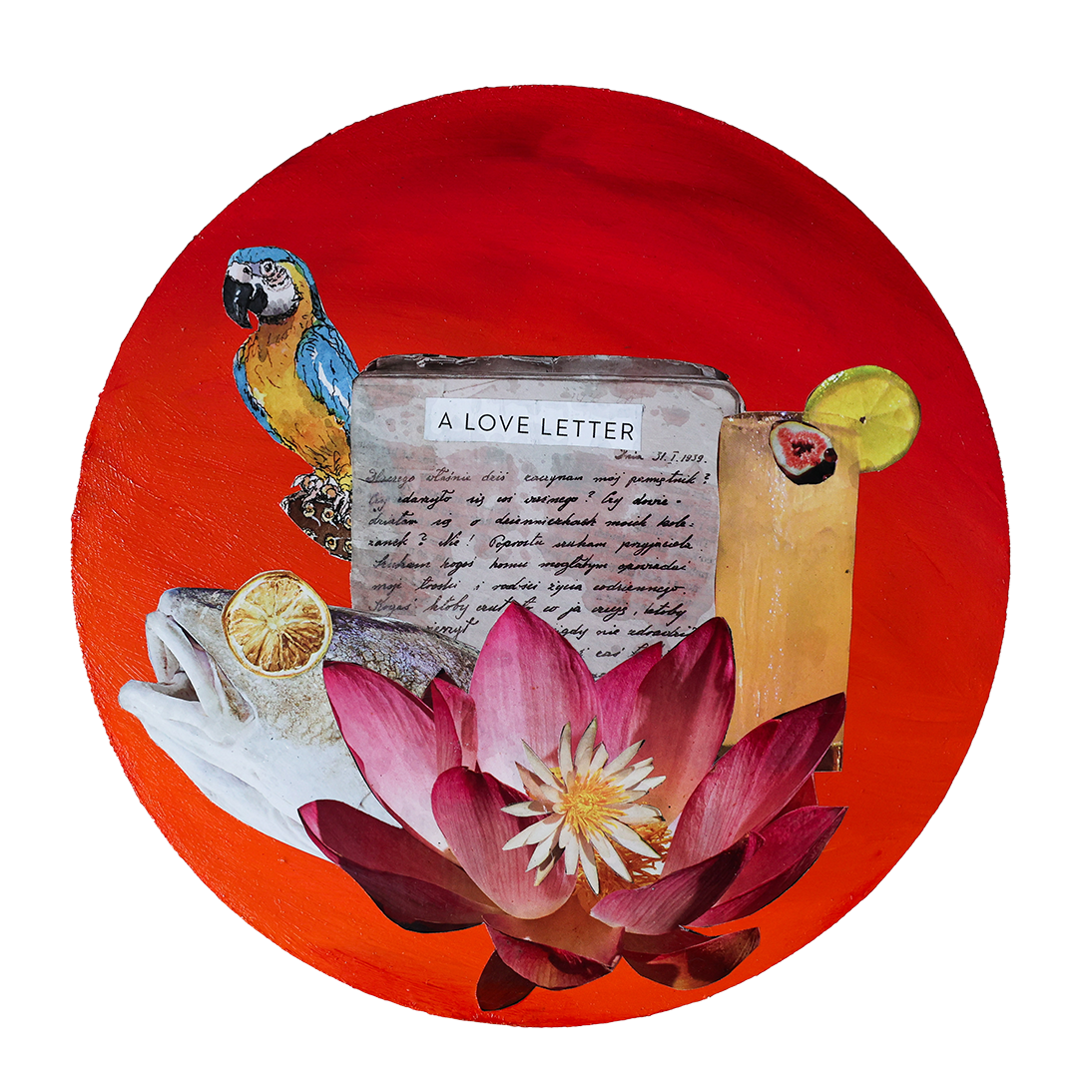 a love letter, paper collage on wood