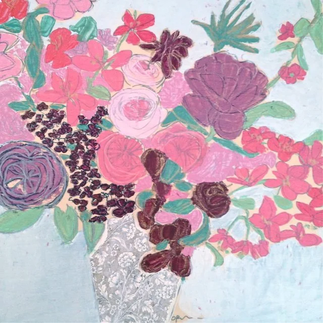 24 x 24 Bouquet with Roses and Blossoms on Wood Panel