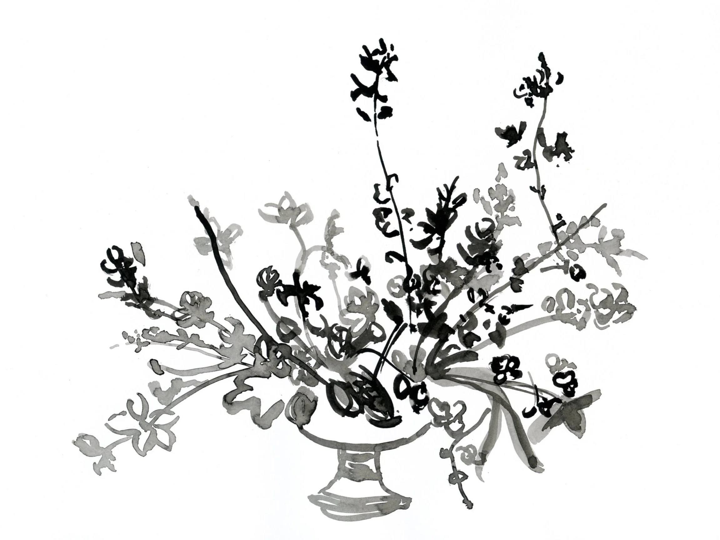 9 x 12 Ink Quince Branches in Urn Bouquet on Paper