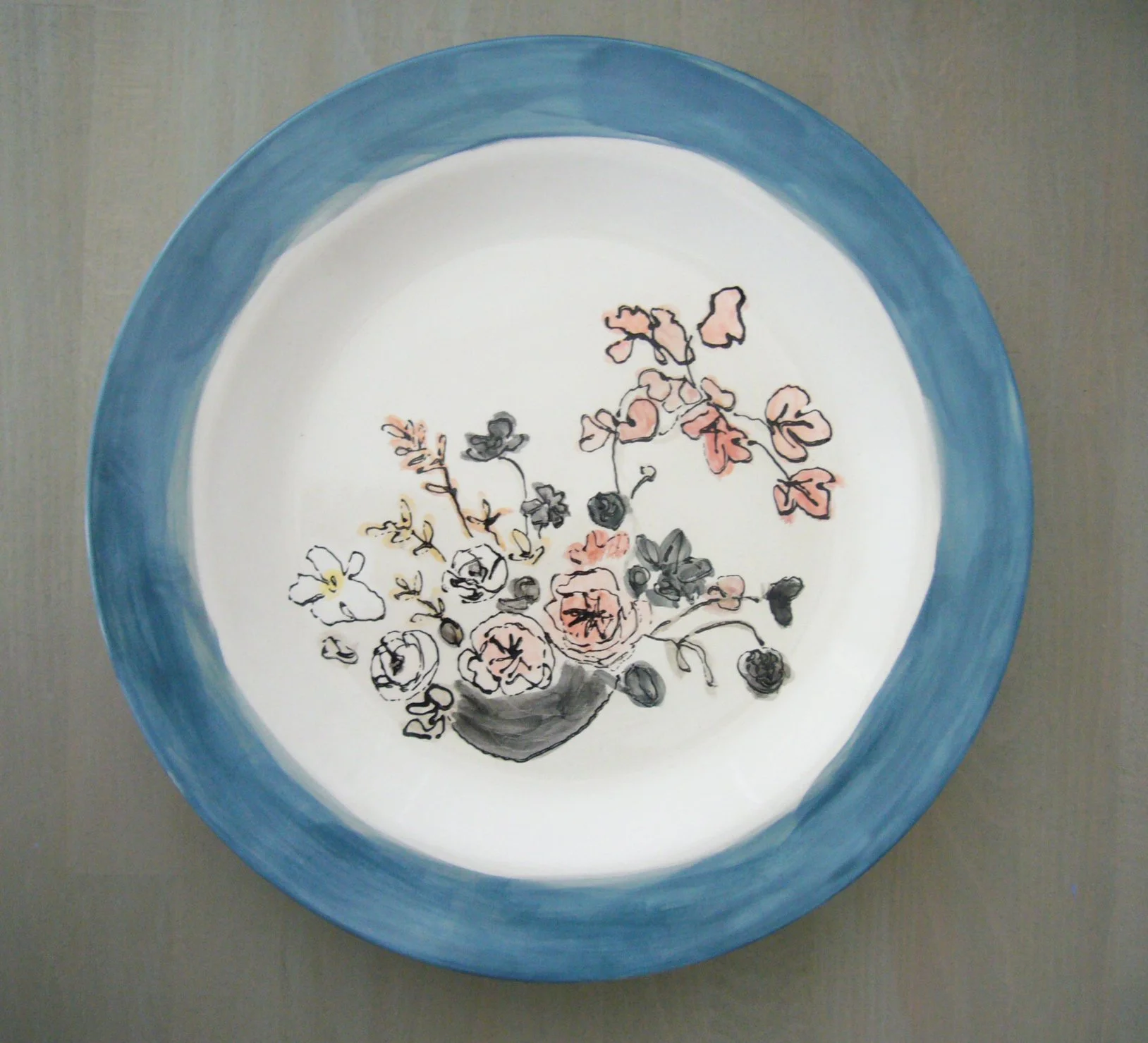 11" Hand-painted Ceramic Plate with Roses and Branches