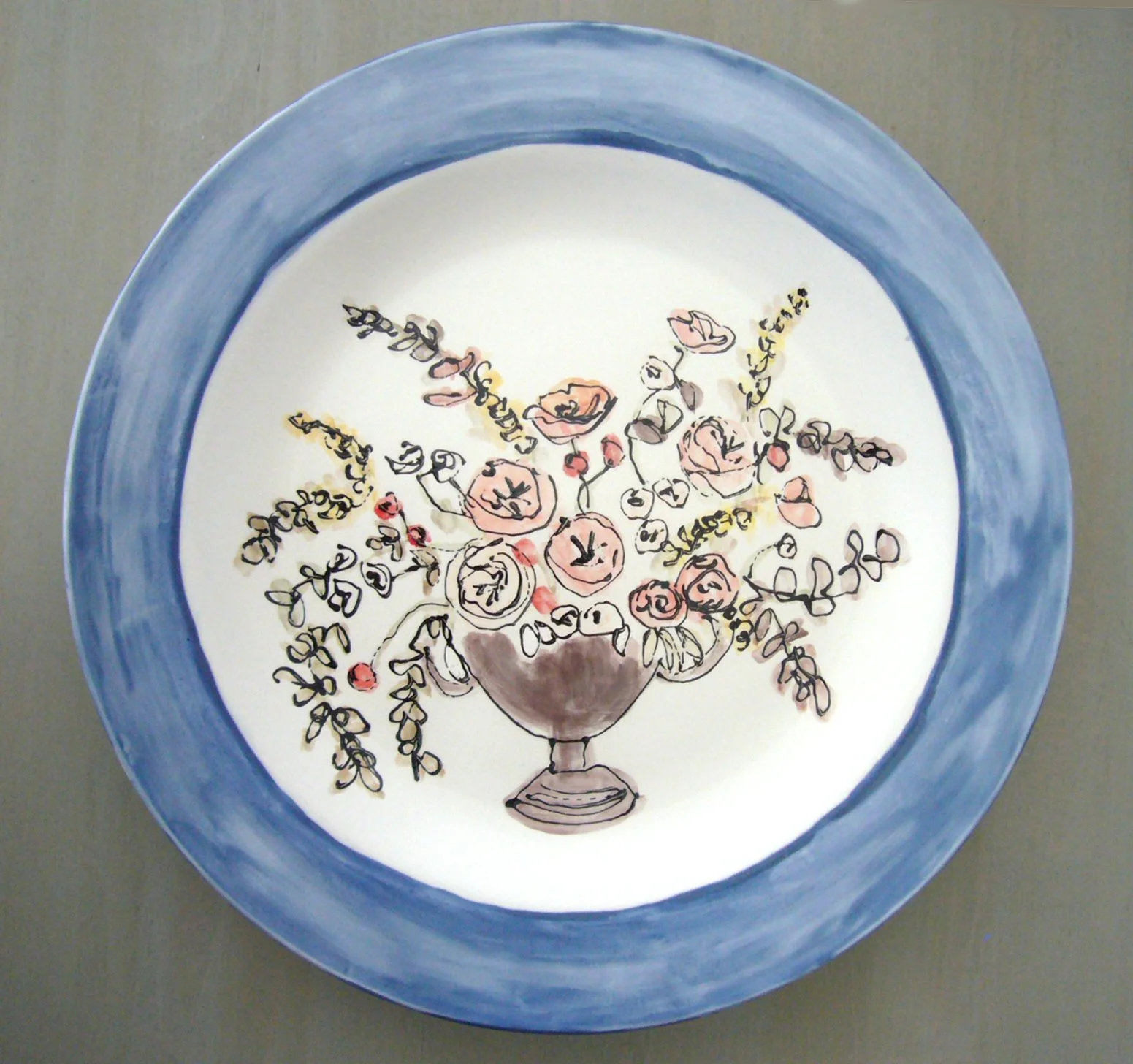 11" Hand-painted Ceramic Plate with Roses and Blooming Branches