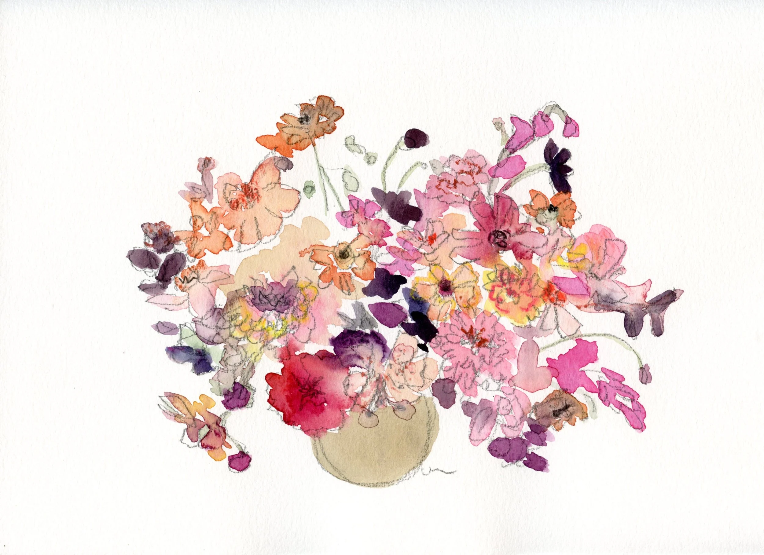 9 x 12 Watercolor Dahlias Bouquet on Paper