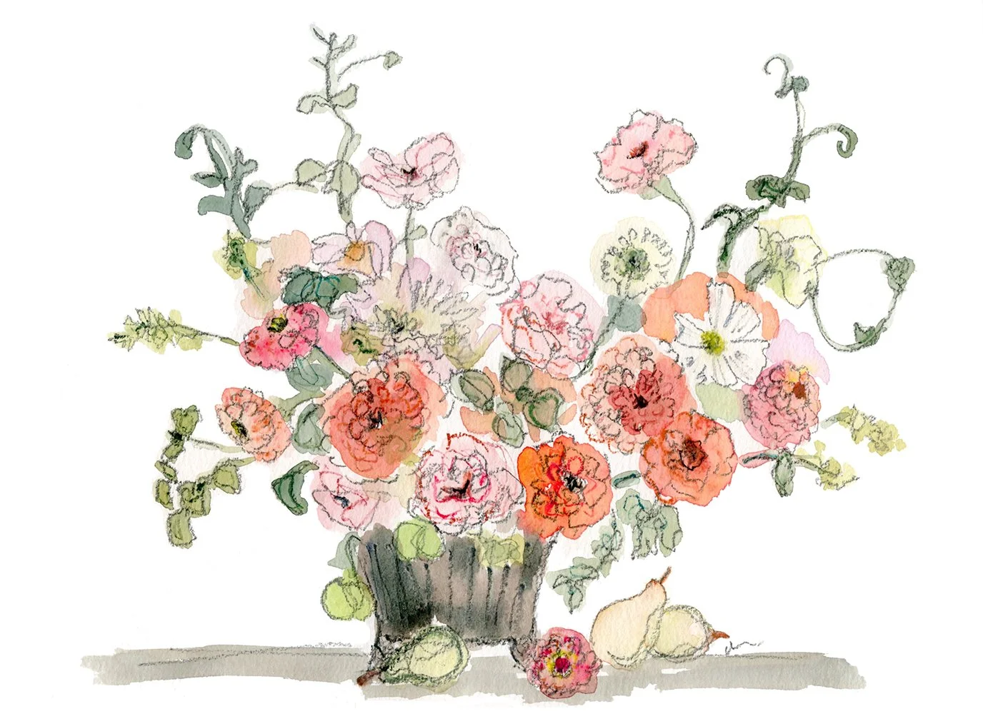 9 x 12 Marigold, Pears, and Branches Bouquet on Paper