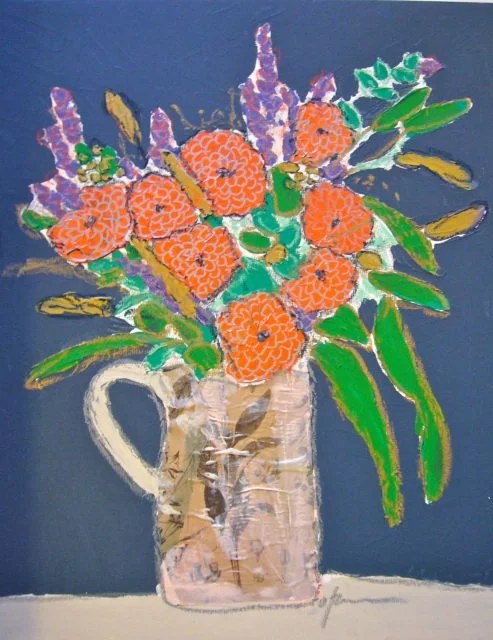 20 x 16 Bouquet with Dahlias in Pitcher on Wood Panel