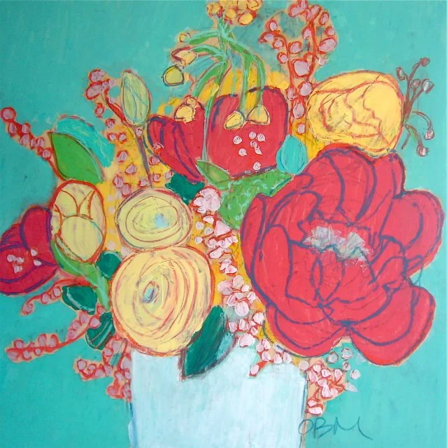 30 x 30 Tropical Delight Bouquet with Peonies on Wood Panel