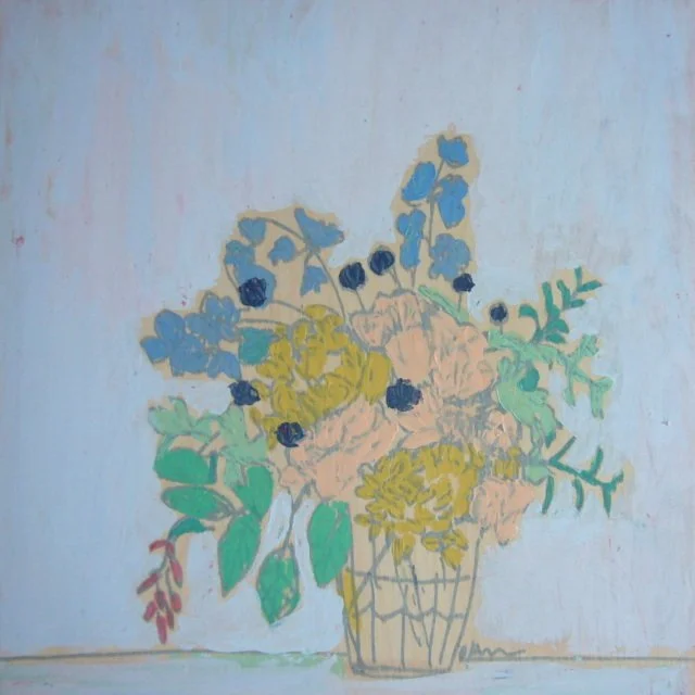 12 x 12 Bouquet with Mums and Delphiniums on Wood Panel