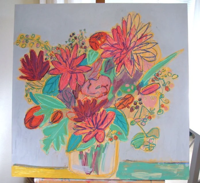 30 x 30 Pastel Dahlias Bouquet on Wood Panel