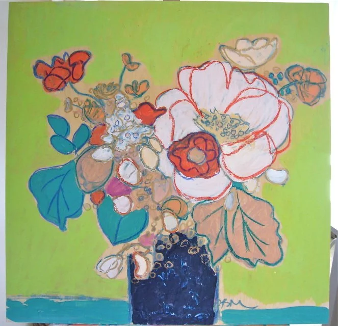 30 x 30 Bouquet with Peony and Branches on Wood Panel