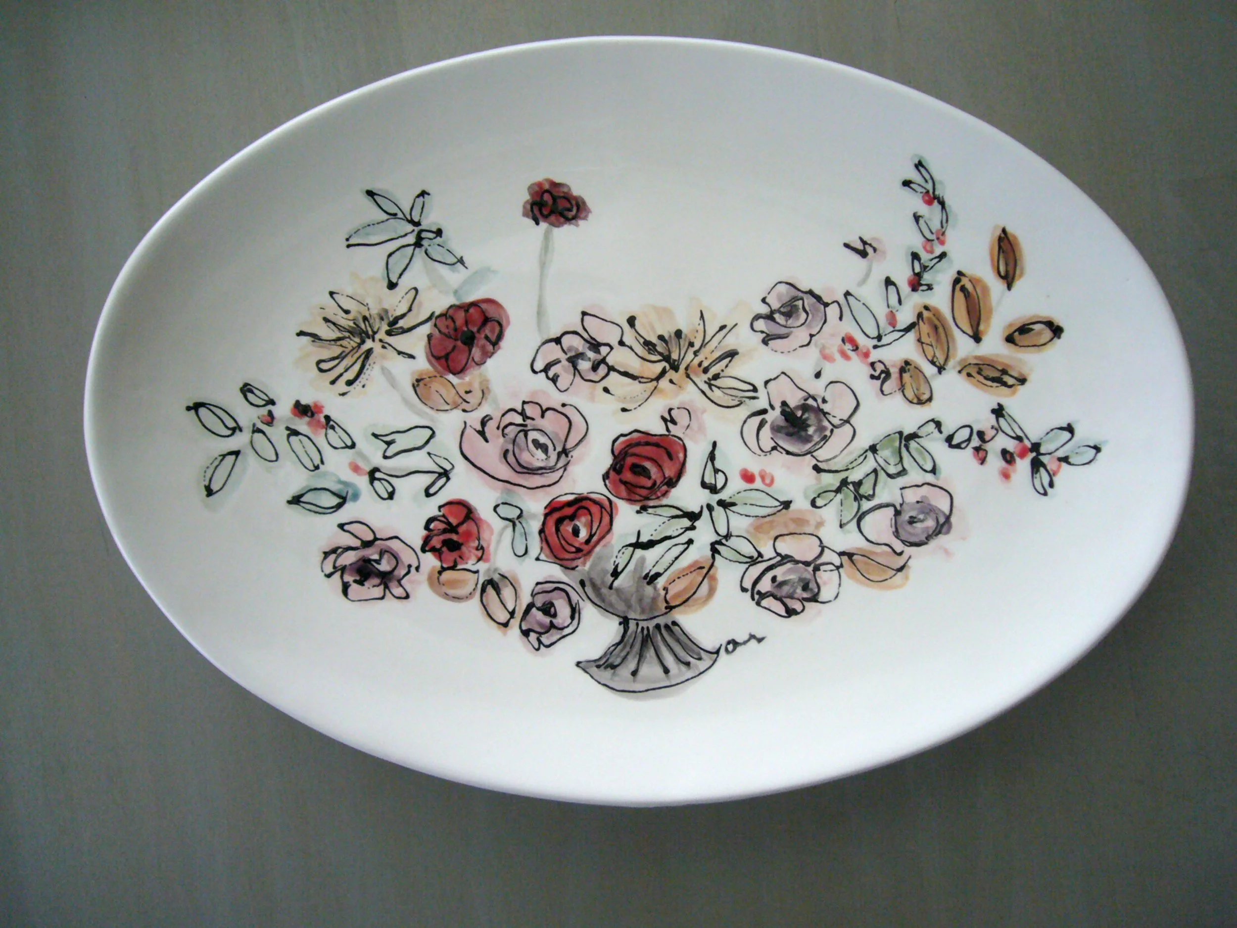 11" Hand-painted Ceramic Platter with Ranunculus and Branches