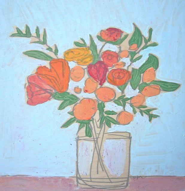 12 x 12 Bouquet with Ranunculus and Kumquats on Wood Panel