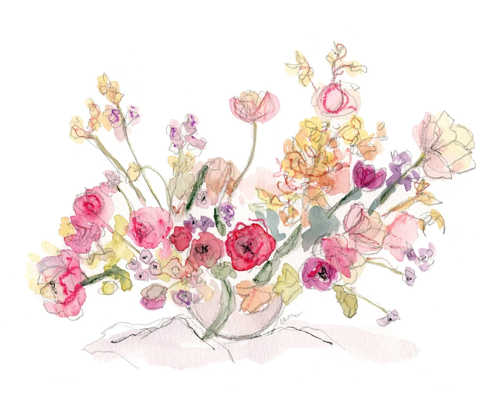 9 x 12 Watercolor Ranunculus and Tulips Bouquet on Paper