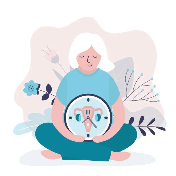 woman smiling and holding uterus clock, illustrating the changing of the female body throughout time