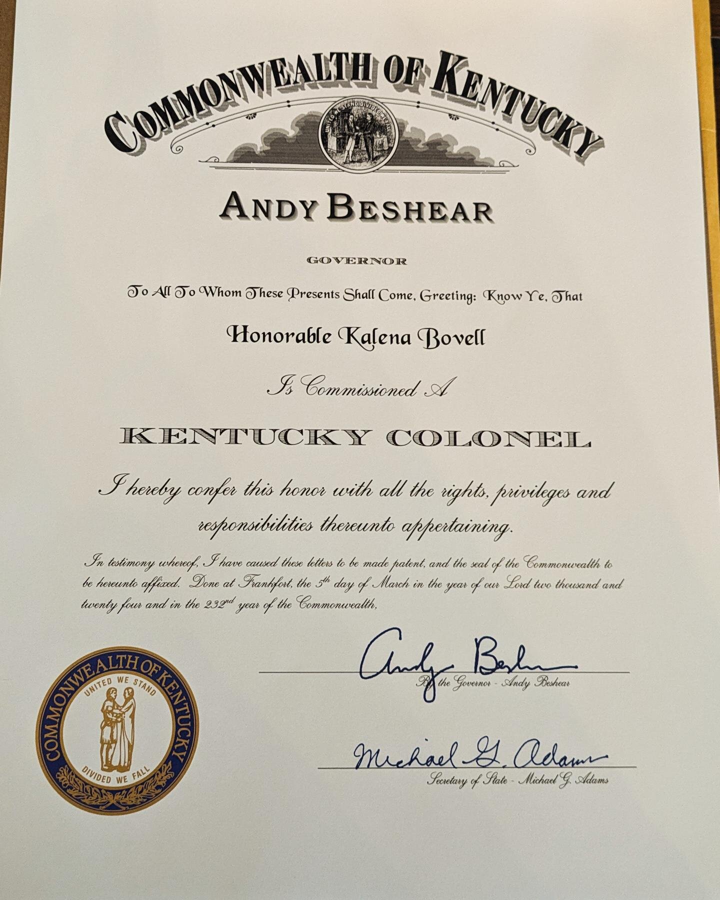 Today I received the Kentucky Colonel award, which is the highest honor awarded by the Commonwealth of Kentucky. Colonels are Kentucky's ambassadors of good will and fellowship around the world.

Thank you so Governor Beshear for this incredible hono