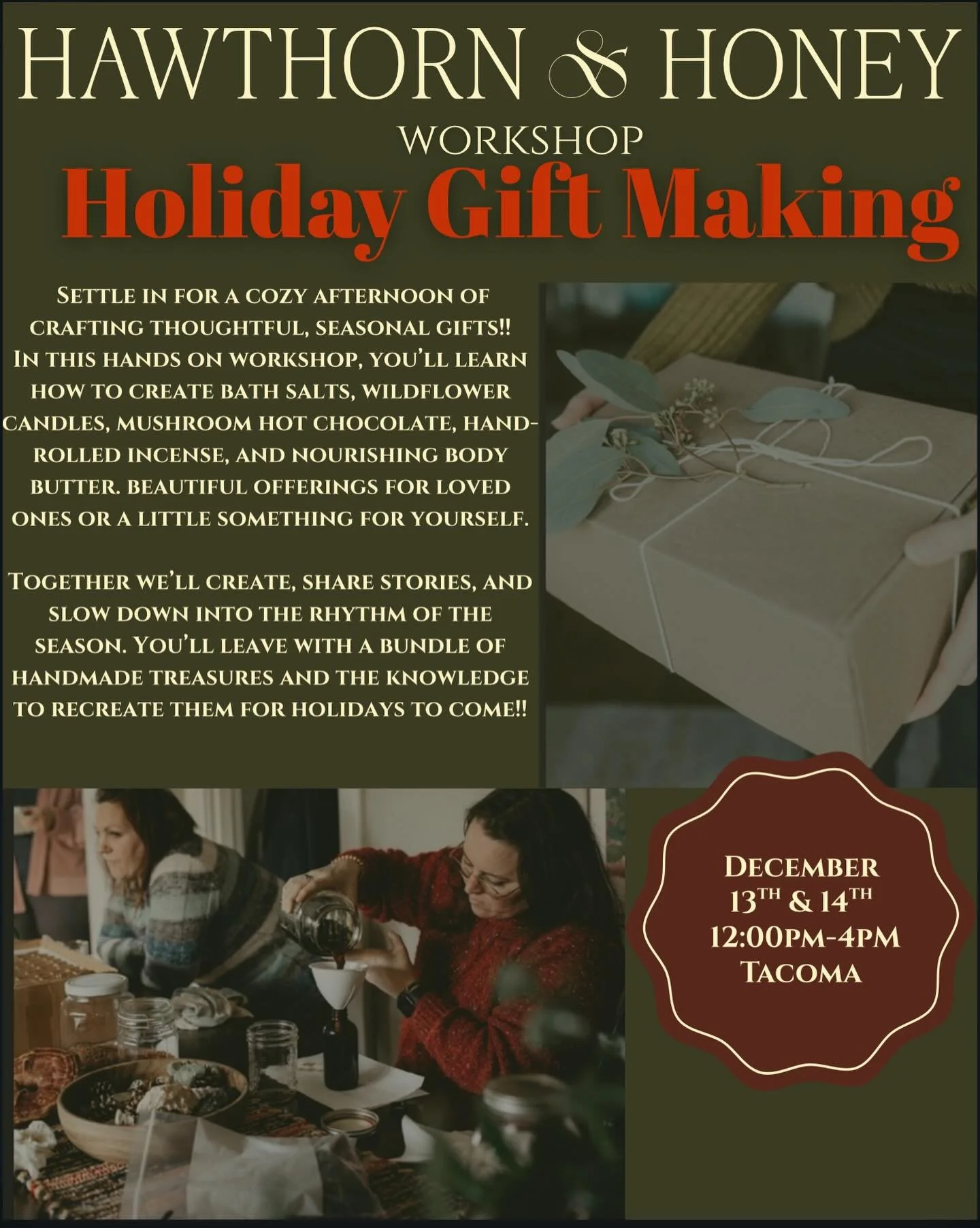 Have you ever wanted to give handmade holiday gifts but never found the time, space, or guidance to begin?? Join us for a hands on workshop where you&rsquo;ll learn to create thoughtful, practical gifts infused with seasonal warmth.  Gather with a sm