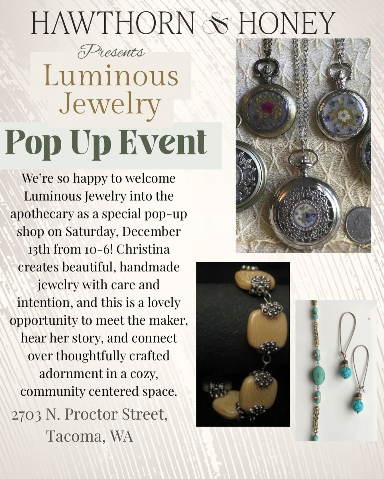 This Saturday, December 13th from 10-6, join us in welcoming Christina of Luminous Jewelry for a pop-up shop inside the apothecary! Come browse her handmade jewelry, meet the artist behind the pieces, and enjoy the warmth of gathering, conversation, 