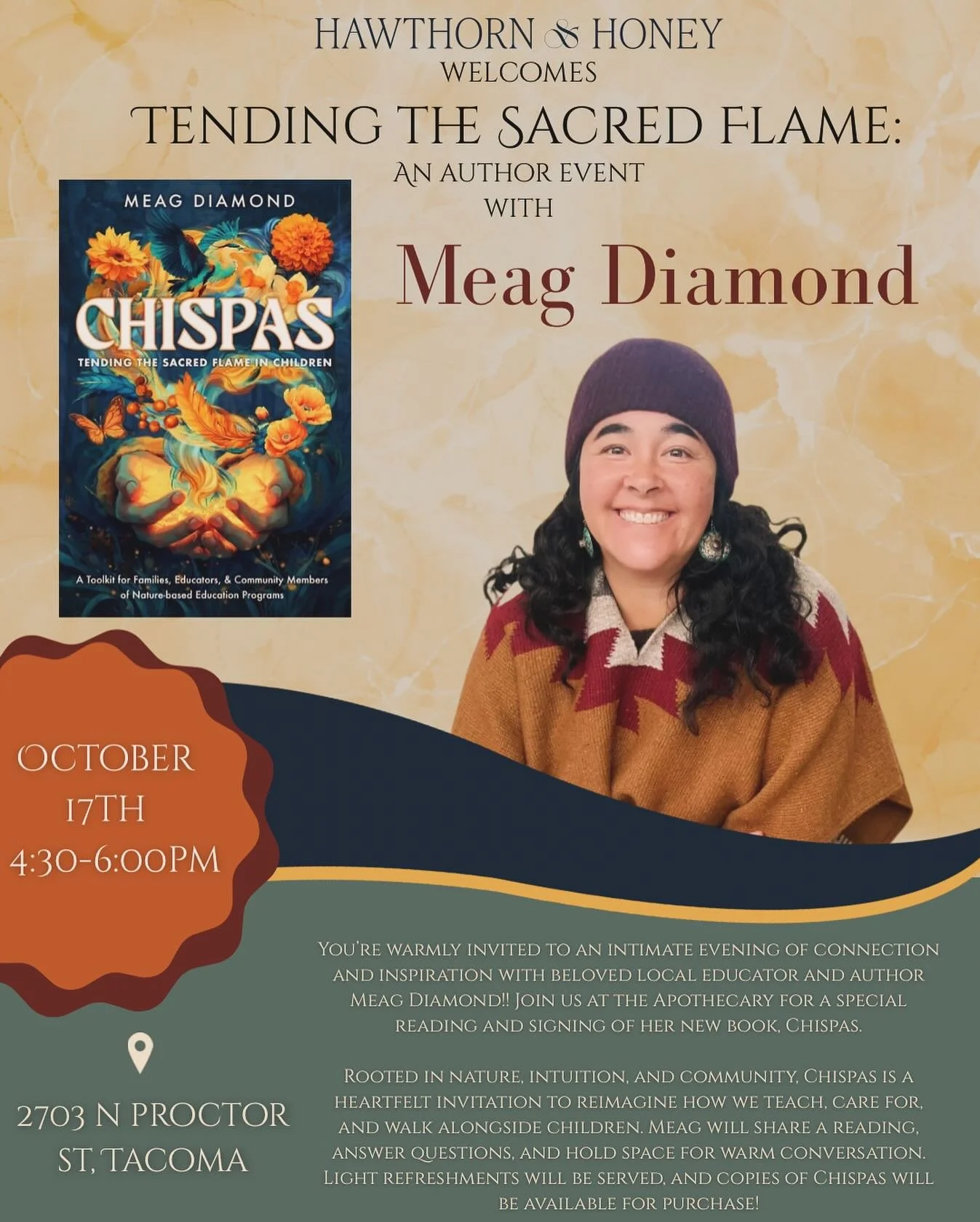 Spend a soulful evening with Meag Diamond, author of Chispas! We&rsquo;ll gather for readings, stories, and meaningful conversation about raising children with nature and wisdom at the heart.

Meag will read from her book, share her experiences as an