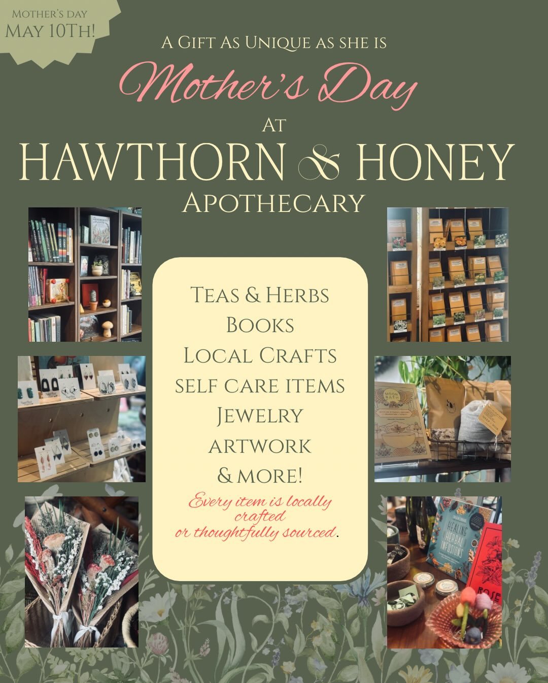 A friendly reminder that Mother&rsquo;s Day is this Sunday, May 10th! 

Come into The Apothecary and find her a gift as unique as she is. We&rsquo;re stocked with locally crafted goods, herbal wellness products, art, books, teas, candles, and so much