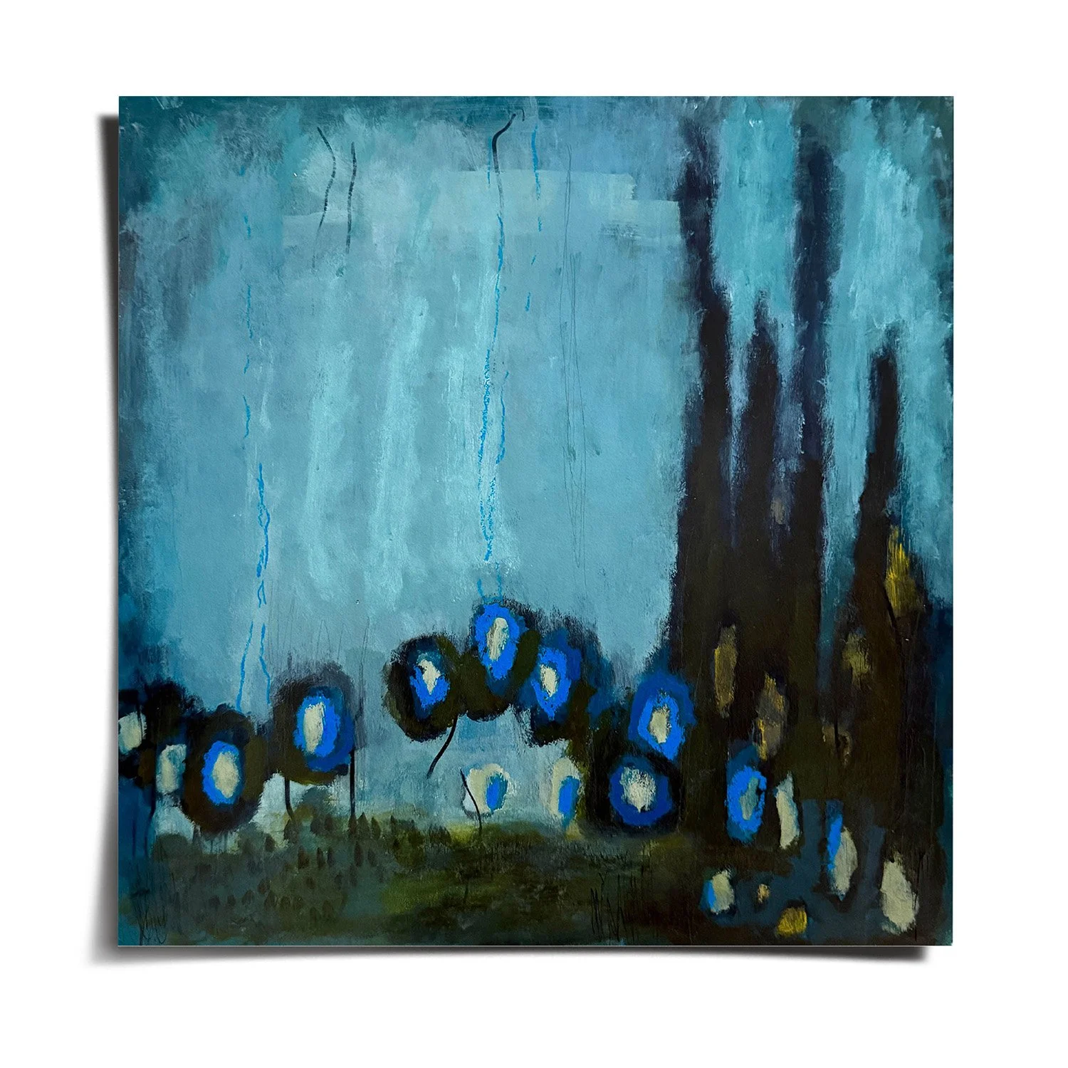 Light blue abstract landscape with dark vertical shapes and vivid blue circles, suggesting coral formations in a submerged environment.