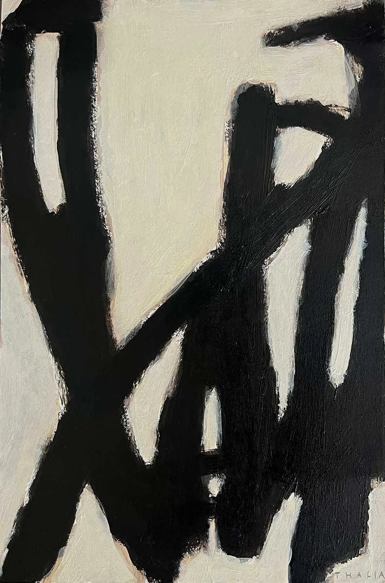 Abstract black-and-white painting featuring bold black brushstrokes on a cream background, forming dynamic, expressive shapes with strong contrast.