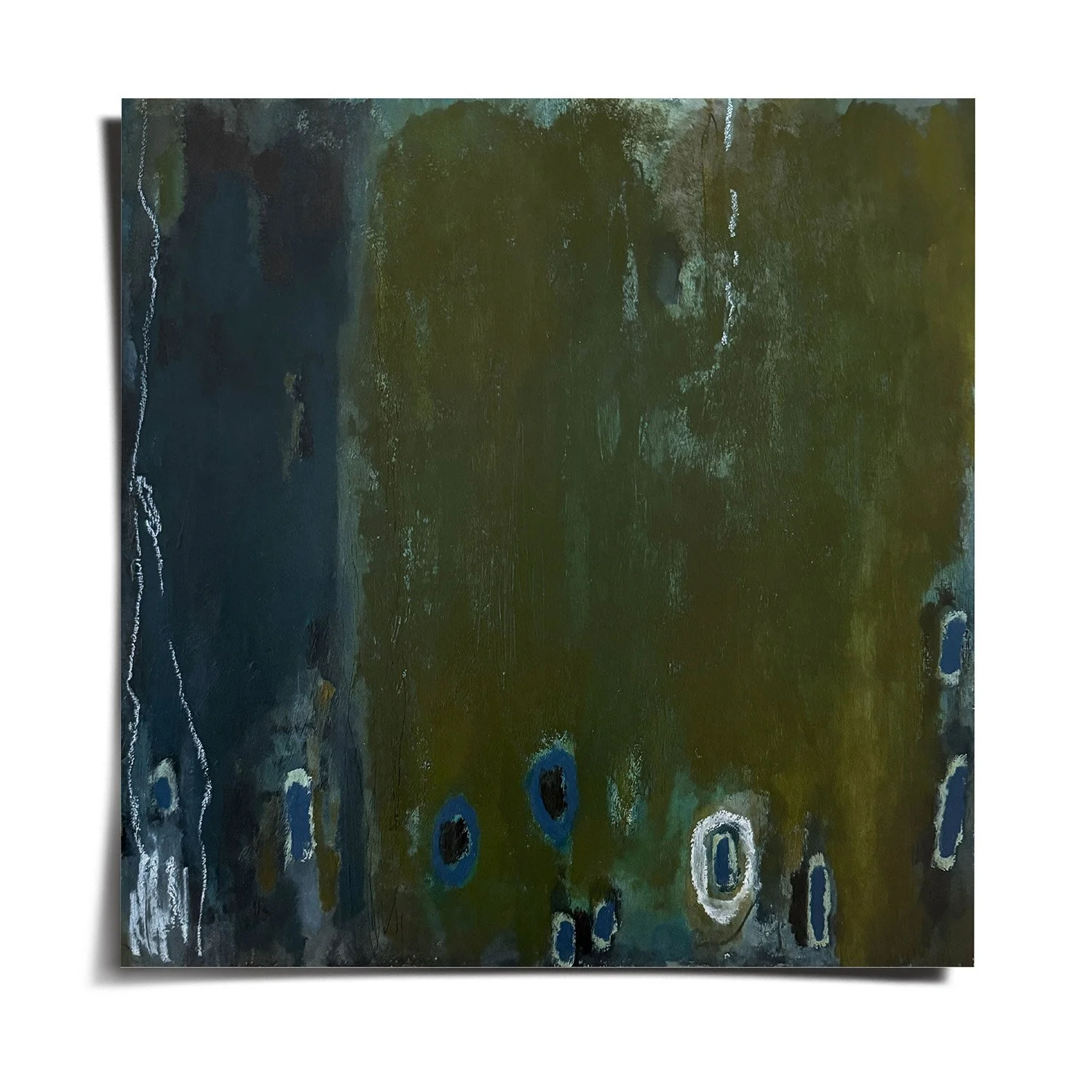 Abstract composition in dark blue, teal, and olive green with layered textures and scattered circular marks, suggesting algae drifting underwater.