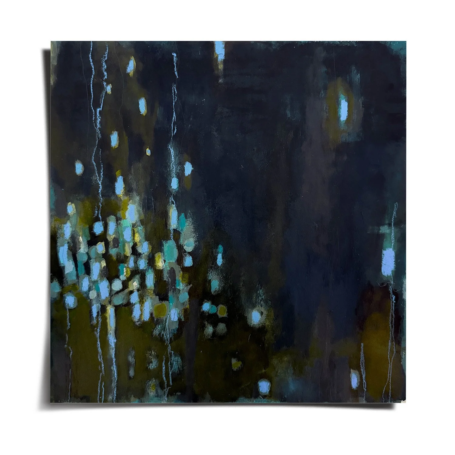Dark abstract artwork with clusters of luminous blue and white shapes, soft vertical streaks, and a mood of underwater bioluminescence.