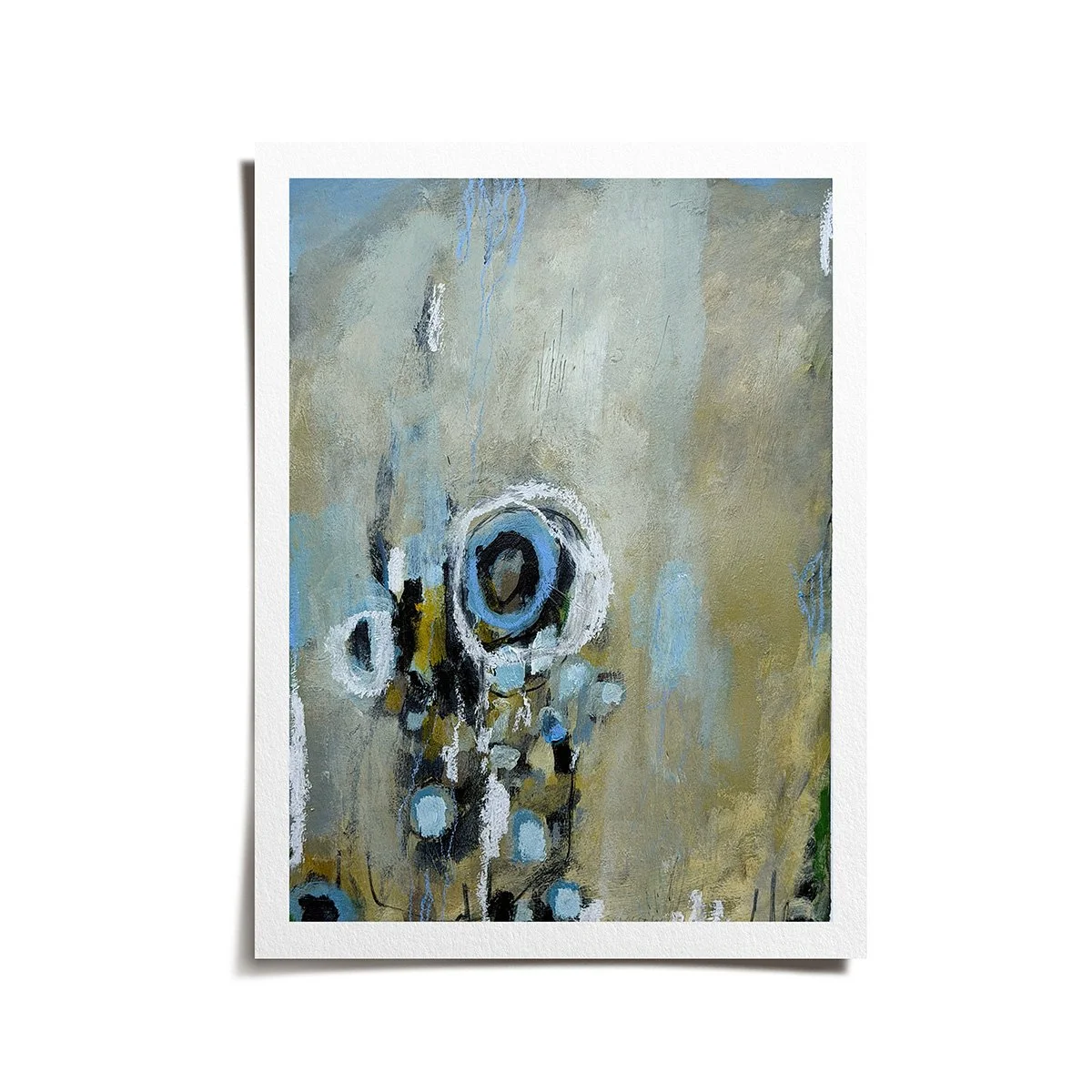 Abstract artwork in muted earth and sky-blue tones with expressive circular shapes, textured brushwork, and a calm meditative atmosphere.