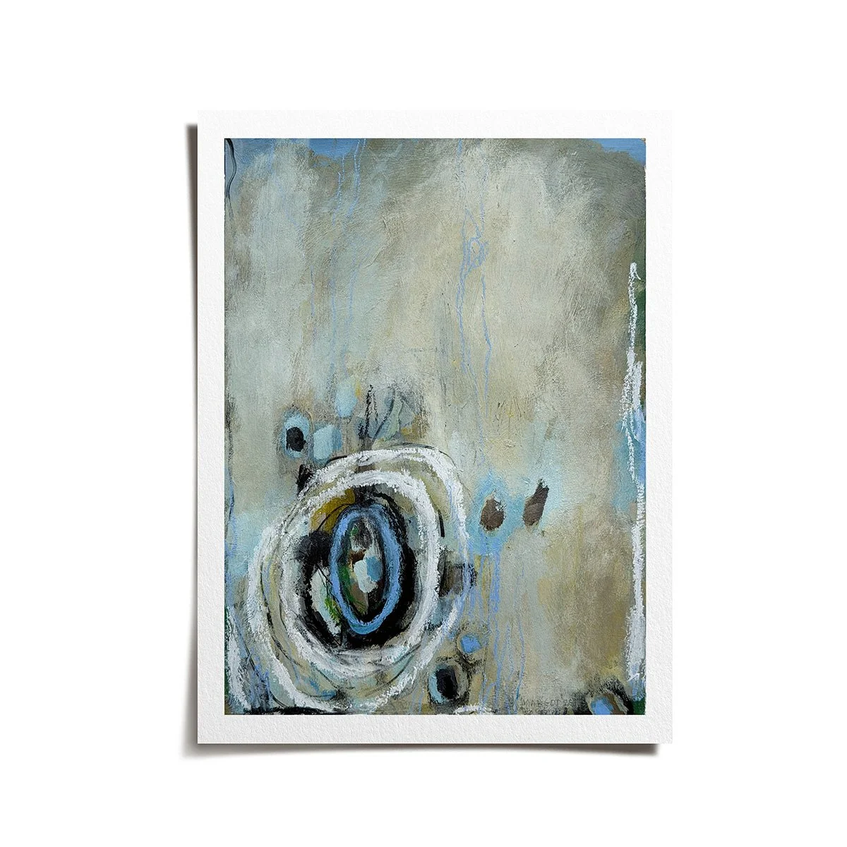 Abstract painting featuring a large circular form in soft blue and neutral tones, with textured layers and subtle movement evoking calm breath.